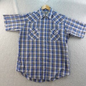 Vintage‎ Ely Cattleman Since 1878 Mens L Blue Plaid Short Sleeve Western Shirt